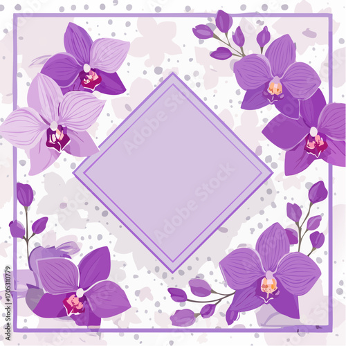 Purple floral greeting cards. Vector illustrations of elegant orchid flowers