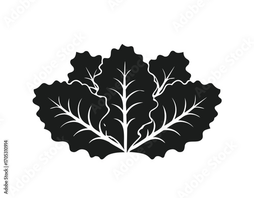 Black silhouette of three ruffled lettuce leaves on white background