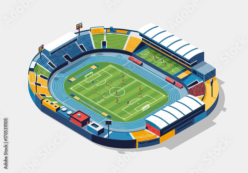 Dynamic stadium scene captures exciting soccer match with vibrant seating and athletic track for global sports events