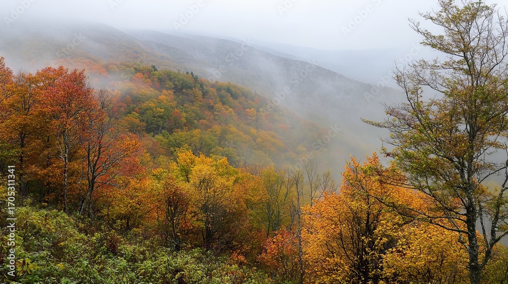 Fototapeta premium Autumn mist-shrouded mountain valley. Colorful foliage