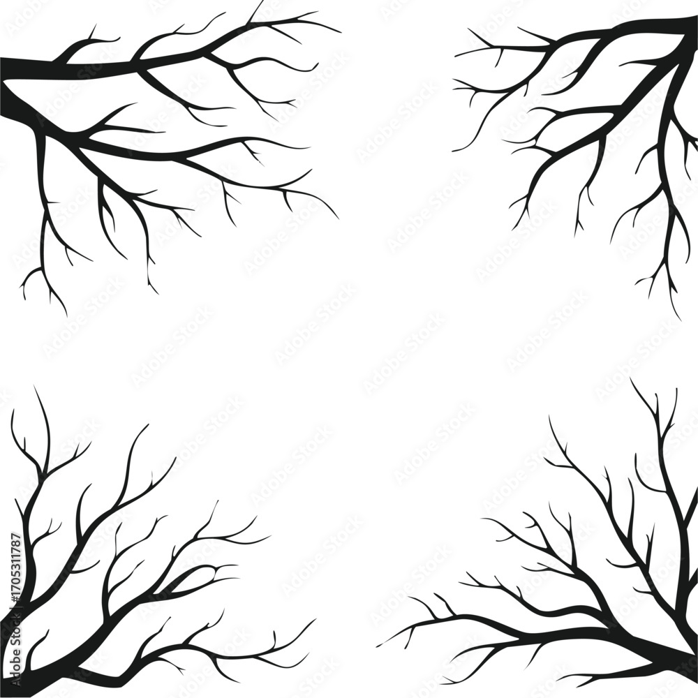 Fototapeta premium Black tree branches forming a frame on white background