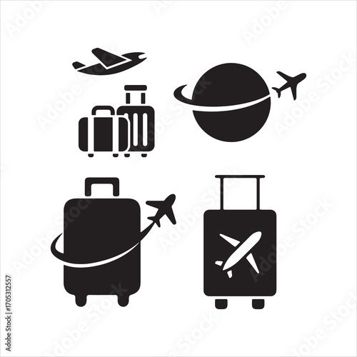 Collection of black travel icons featuring airplanes and luggage for global journeys