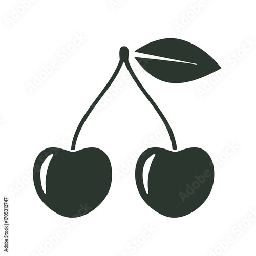 Dark gray silhouette of two cherries with a leaf on a white background