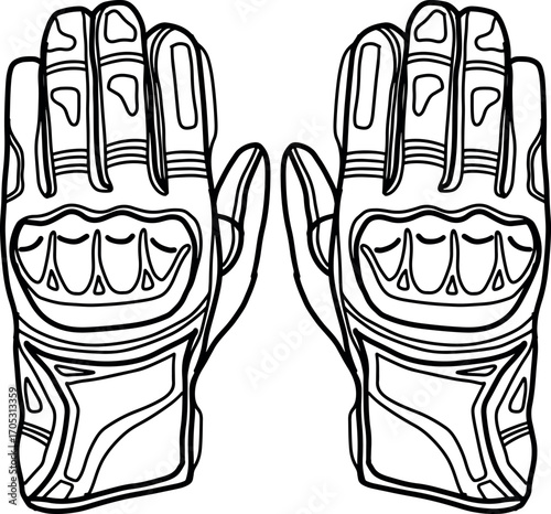 Pair of Protective Riding Gloves, Black and White Line Art Illustration, Ideal for Motorcyclists and Industrial Safety Applications