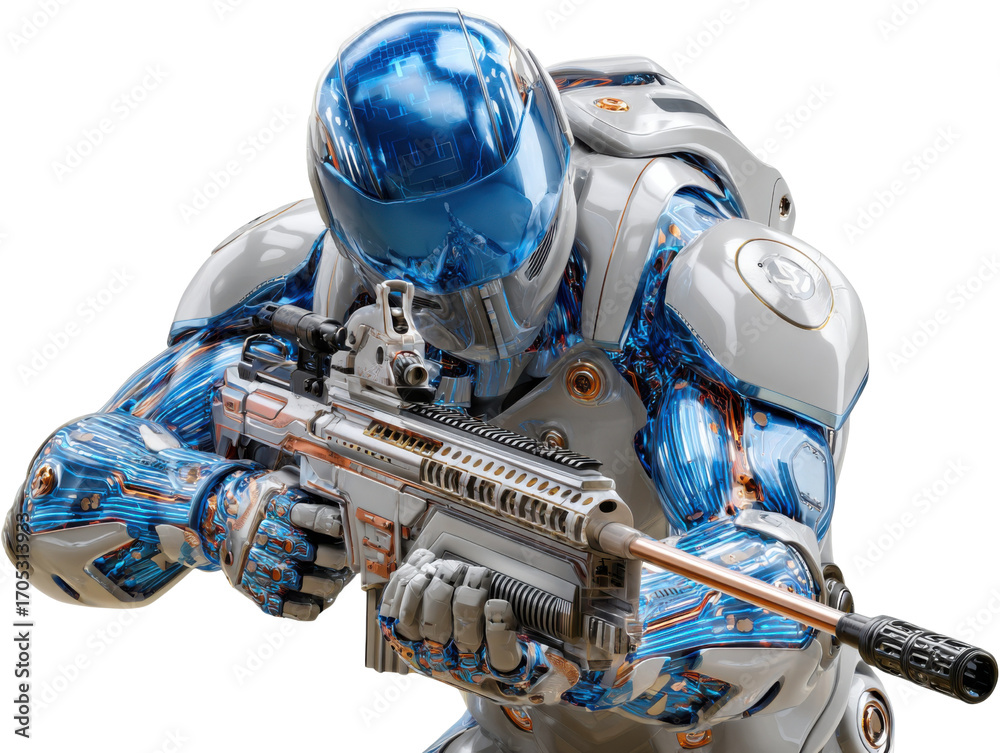 Fototapeta premium Cybernetic Sentinel: A futuristic soldier, clad in sleek, high-tech armor, grips a state-of-the-art rifle, embodying the vanguard of technological warfare.