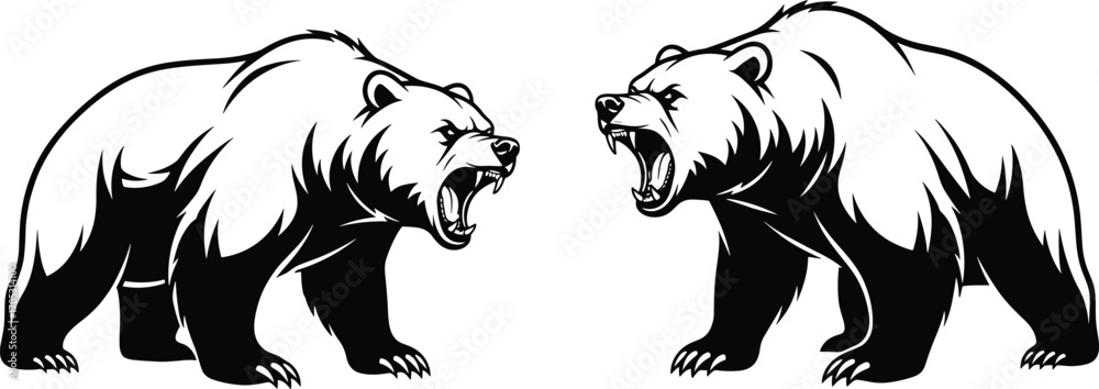 Fototapeta premium Roaring bear face-off illustration, aggressive wild animal confrontation, black and white vector art, symmetrical wildlife design for stock content