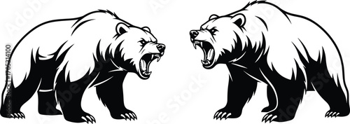 Roaring bear face-off illustration, aggressive wild animal confrontation, black and white vector art, symmetrical wildlife design for stock content