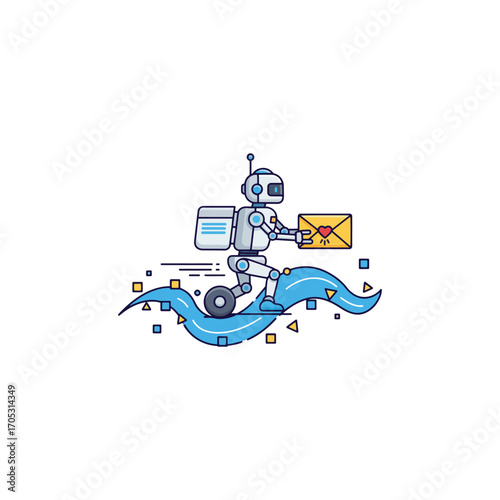 A futuristic robot courier delivers a letter, riding a stylized wave-like form, carrying a package.