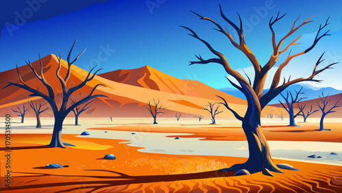 Namibia’s Deadvlei salt pan stretches stark and silent, ghostly camelthorn trees casting long shadows on cracked white clay, framed by towering orange dunes under an impossibly deep blue sky.