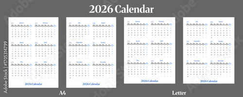 Vector of 2026 calendar on two page design.first page from January to June and Second page from July to December.week start on Monday. Sunday as weekend. A4 and Letter size.