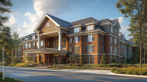 A large elegant brick building with multiple stories surrounded by lush greenery and trees under a bright blue sky