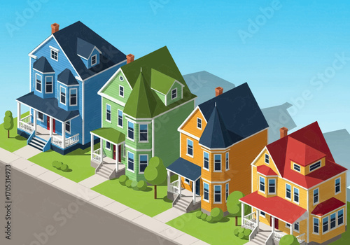 Vibrant row of colorful suburban houses on a sunny day, perfect for real estate marketing