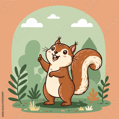 A lively cartoon squirrel stands upright with a big smile and raised finger, its bushy tail curled behind, set against a soft green and peach forest backdrop with clouds and foliage.