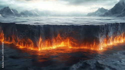 A dramatic scene of a frozen landscape with a fiery lava edge glowing against the cold icy surroundings and distant mountains