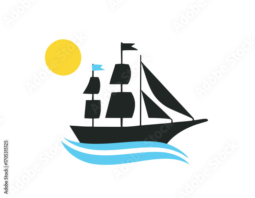 Stylized sailboat with sun and waves on white ship