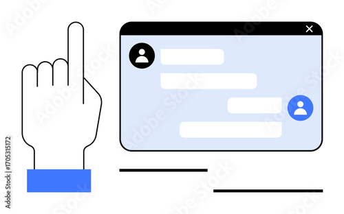 Hand pointing to a digital chat interface with conversation bubbles and user icons. Ideal for messaging, communication, technology, interaction, digital platforms, teamwork, and simple landing page
