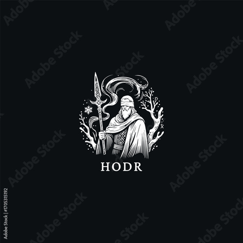 engraving illustration of Hodr, the blind Norse god of winter. The figure is depicted with a blindfold, holding a spear, and draped in a long robe.