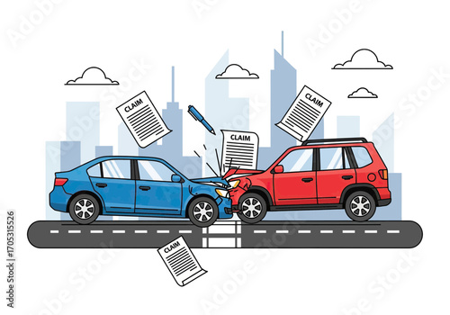 Car crash scene with claim forms and pen symbolizes insurance process and accident resolution.