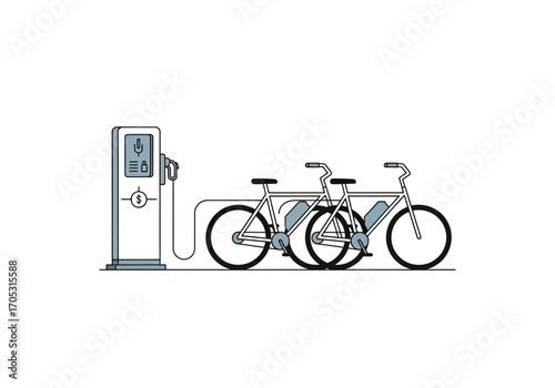 Modern electric bikes charging at a payment station representing sustainable urban transportation solutions