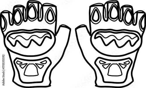 Monochrome line art illustration of a pair of fingerless athletic gloves for sports. Vector icon of protective handwear for training, cycling, or workout activities