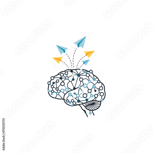 Creative ideas and innovation symbolized by paper airplanes launching from a networked human brain.