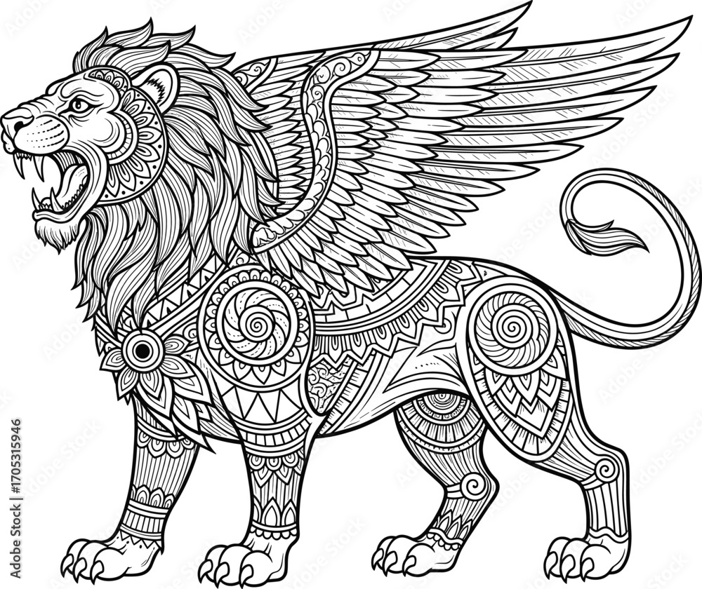 Obraz premium Mythical winged lion illustration, tribal fantasy creature vector, black and white ornamental design for tattoo, coloring, and stock artwork