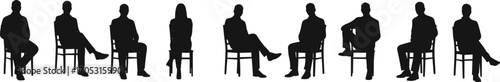 Silhouettes of men and women sitting on chairs in various poses, isolated on white background, professional and casual styles