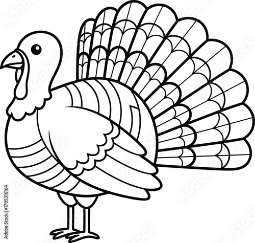 Black and white turkey line drawing, side profile vector illustration, detailed feathers, Thanksgiving bird, educational coloring wildlife sketch