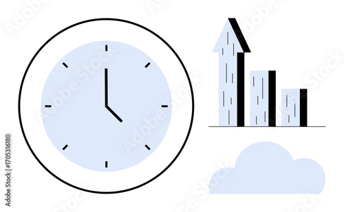 Clock with clear hands, upward bar graph, and cloud icon suggesting productivity, progress, and planning. Ideal for business strategy, time management, data analysis, remote work cloud computing