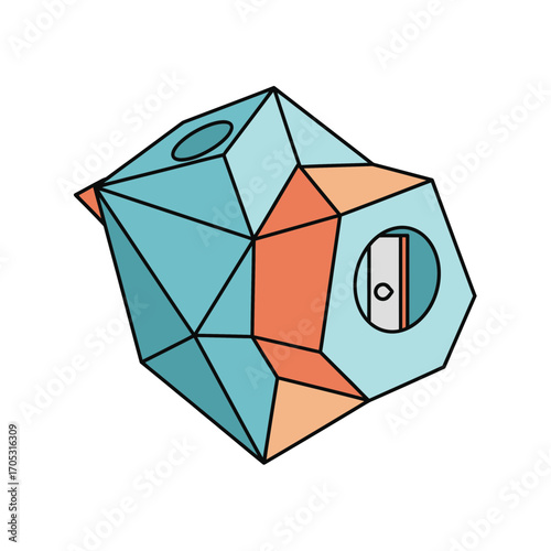 Geometric pencil sharpener with two holes, blue and orange.