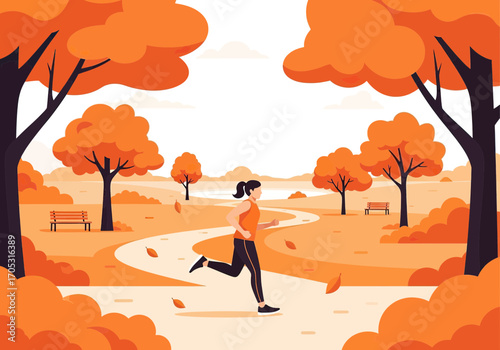 Vibrant woman enjoys a brisk autumn park run amidst colorful trees and fallen leaves