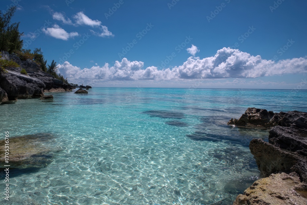 Fototapeta premium Crystal-Clear Turquoise Water Meets Rocky Shoreline on Sunny Day