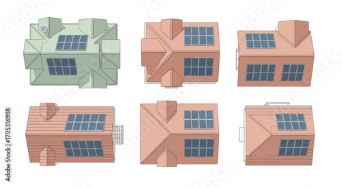 Diverse rooftop designs showcase modern homes with integrated solar panels for sustainable energy solutions