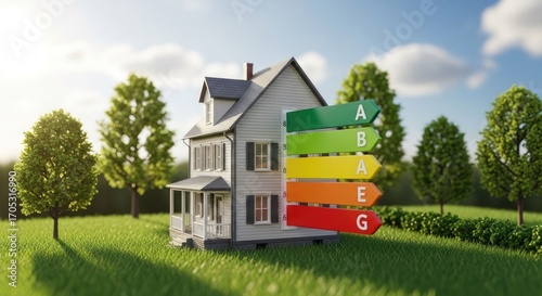 Energy Efficient Home with Energy Rating Label in Green Field.