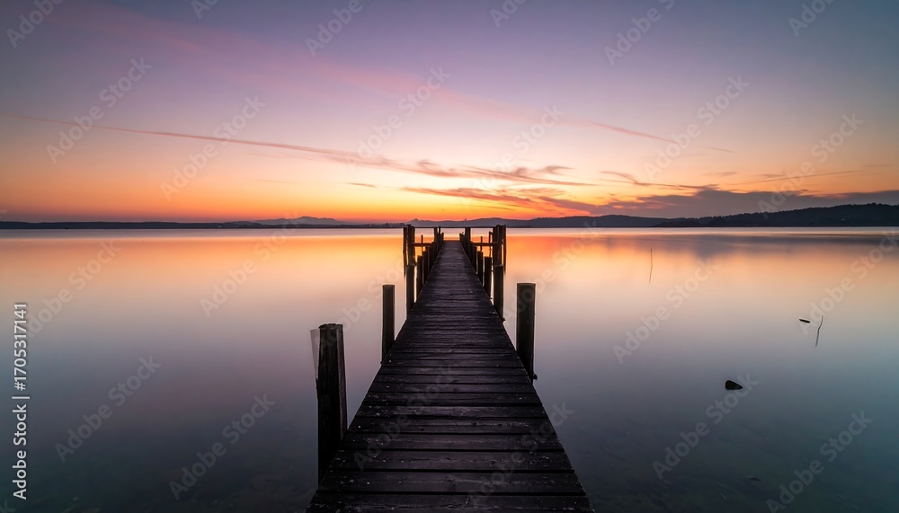 Obraz premium Peaceful sunrise over a lake with a wooden pier