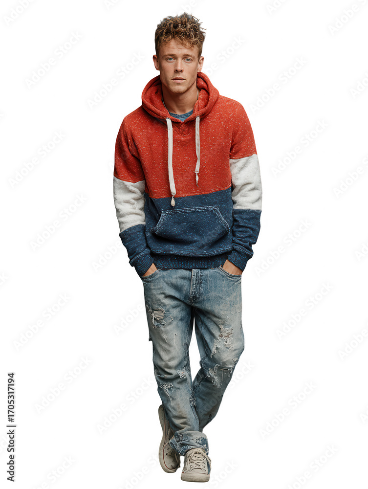 Fototapeta premium Man in hoodie and ripped jeans isolated on transparent background