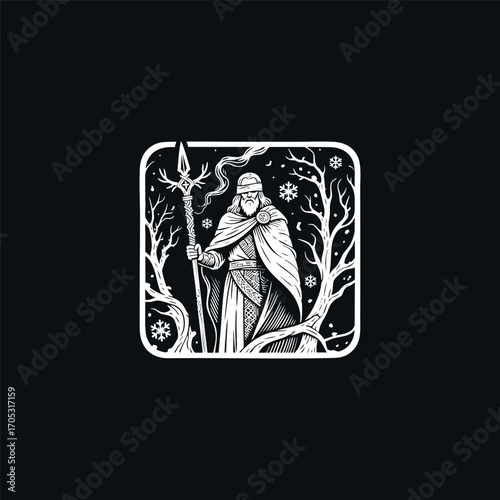 engraving illustration of Hodr, the blind Norse god of winter. The figure is depicted with a blindfold, holding a spear, and draped in a long robe.