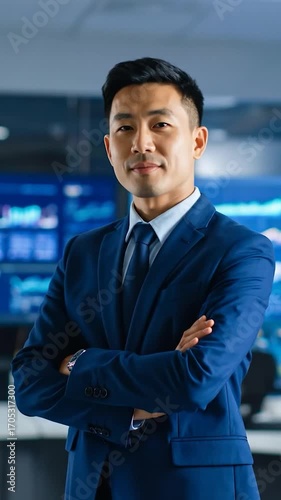 Confident man in blue suit with arms crossed. Background of monitors