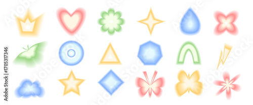 Blur gradient geometric shape set. Y2k retro heart, drop and circle with flower forms. Colorful butterfly and crown icons on white background. Trendy effect with blurry texture. Vector illustration.