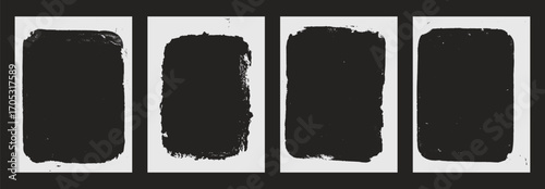Photo grunge white frames set template. Ink paint edges punk border for flyer and banner. Retro textured overlays. Rectangular old white backgrounds. Vector design illustration.