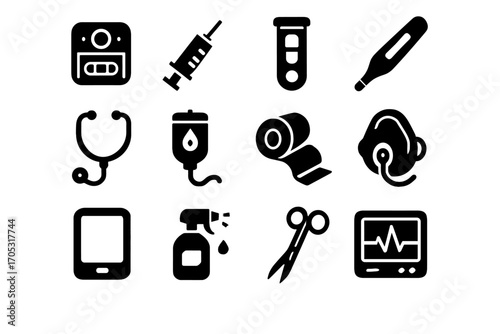 Stethoscope tool bandage heart oxygen nurse roller vector pill robot icon tablet
