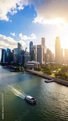 Cityscape view of modern towers near river