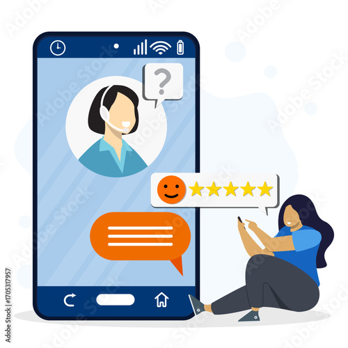 A woman giving five-star rating and positive feedback on smartphone chat with customer support representative. Concept of online review, customer bsatisfaction, and excellent service experience.
