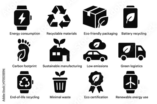 Eco vector emissions recycling icons use energy certification packaging icon minimal tracker