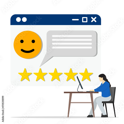 A business woman using computer giving five-star rating with smiley face and feedback bubble. Concept of positive review, customer satisfaction, and excellent online service experience.