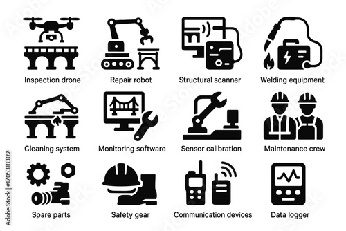 Bridge cleaning maintenance vector parts calibration welding icon sensor virtual spare monitoring