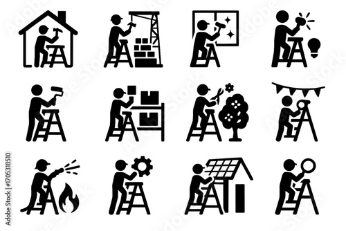 Icon inspection painting firefighting smart cleaning ladder repair site setup warehouse vector