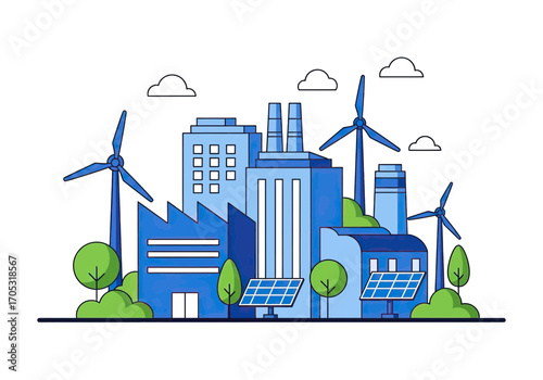 Sustainable energy plant with wind turbines and solar panels for green, clean power generation solution