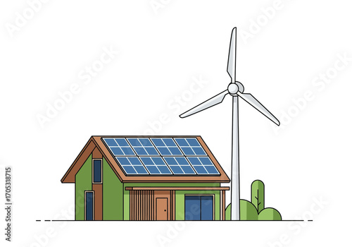 Sustainable home powered by solar panels and wind turbine, embracing eco-friendly living solutions
