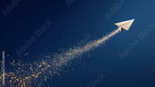 White paper airplane flying with a golden glitter trail on a dark blue background.